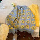 Flower Long-sleeve Knit Polo-shirt / Slim-fit Skirt
