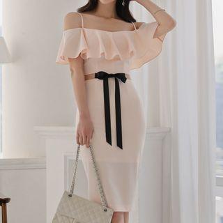 Bow Frilled Open Shoulder Sheath Dress