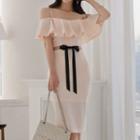 Bow Frilled Open Shoulder Sheath Dress
