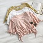 Plain Square-neck Panel Lace Short-sleeve Top