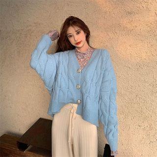 Printed Long-sleeve T-shirt / Cable-knit Cardigan