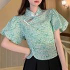 Short-sleeve Stand Collar Floral Crop Top