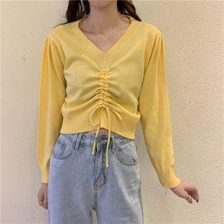 Long-sleeve V-neck Drawstring Knit Crop Top