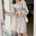 Puff-sleeve Shirred Floral Dress