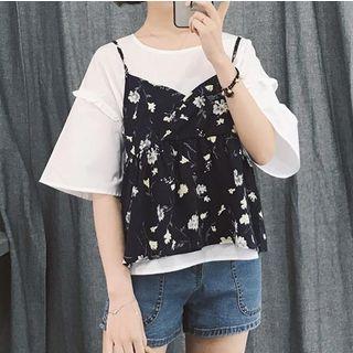 Set: Short-sleeve T-shirt + Floral Camisole Top