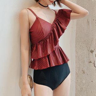 Set: Striped Ruffle Trim Swim Top + Swim Bottom