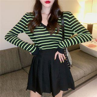 Long-sleeve Striped Knit Top / High-waist Pleated A-line Skirt