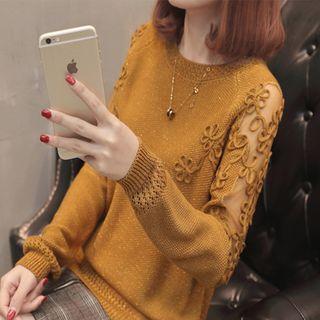 Mesh Panel Embroidered Sweater