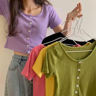 Button-up Short-sleeve Cropped Ribbed Knit Top