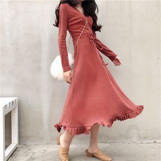 Plain V-neck Frilled Long-sleeve Dress