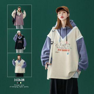 Mock Two-piece Rabbit Print Hoodie