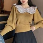 Peter Pan Collar Lace Panel Knit Sweater Brown - One Size