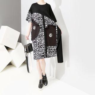 Elbow-sleeve Leopard Print Shift Dress Black - One Size