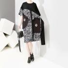 Elbow-sleeve Leopard Print Shift Dress Black - One Size