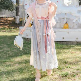 Elbow-sleeve Embroidered Frill Trim Top / Midi A-line Hanfu Skirt