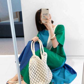 Color-block Linen-blend Dress