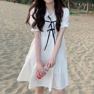 Short-sleeve Bow-front Tiered A-line Dress