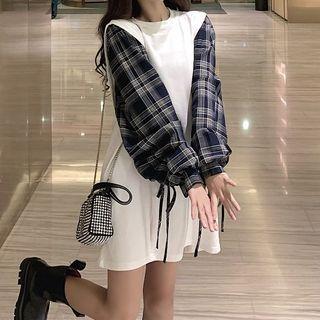Mock Two-piece Plaid Long-sleeve Mini T-shirt Dress