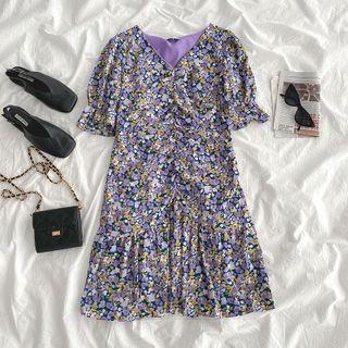 Bell-sleeve V-neck Floral Printed Dress