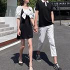 Couple Matching Short-sleeve T-shirt / Two-tone Mini A-line Dress / Pants