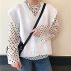 Frill-trim Heart Print Blouse / V-neck Knit Vest