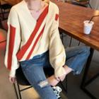 Striped V-neck Loose-fit Sweater Beige - One Size