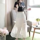 Set: Beaded Letter T-shirt + Long Lace Skirt Black - One Size
