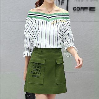 Set: Elbow-sleeve Off Shoulder T-shirt + A-line Skirt