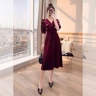 Elbow-sleeve Faux Pearl Accent Velvet A-line Midi Dress