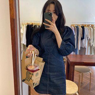 Denim Long-sleeve A-line Dress Denim Blue - One Size