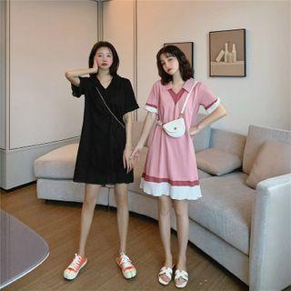 Short-sleeve V-neck Color Block Dress
