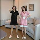 Short-sleeve V-neck Color Block Dress