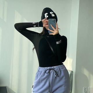 Turtle-neck Letter Ribbed Knit Top