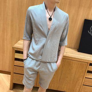 Set: V-neck Elbow Sleeve T-shirt + Plain Shorts