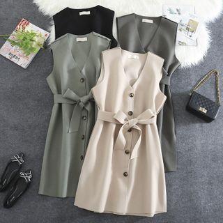 Tie-waist Single-breasted Mini A-line Vest Dress