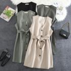 Tie-waist Single-breasted Mini A-line Vest Dress