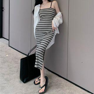 Spaghetti-strap Striped Midi Sheath Dress / Plain Shirt