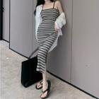 Spaghetti-strap Striped Midi Sheath Dress / Plain Shirt