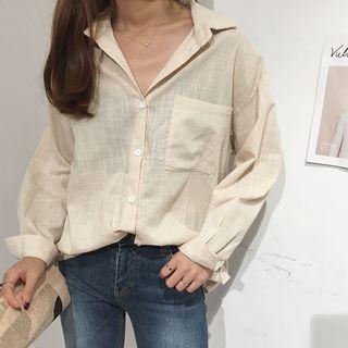 Plain Loose-fit Linen Long-sleeve Shirt