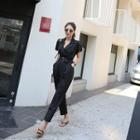 Notched-lapel Dolman-sleeve Belted Jumpsuit