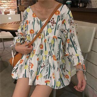 Floral Print V-neck 3/4-sleeve Blouse