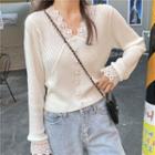Long-sleeve Lace Panel V-neck Knit Top