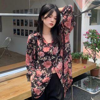 Floral Print Shirt Pink Rose - Black - One Size