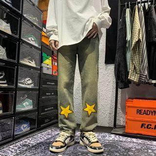 Mid Rise Washed Star Applique Wide Leg Jeans