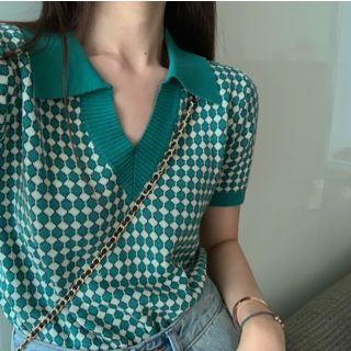 Short-sleeve Gingham Knit Cropped Polo Shirt Green - One Size