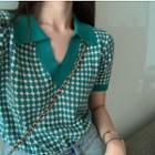 Short-sleeve Gingham Knit Cropped Polo Shirt Green - One Size