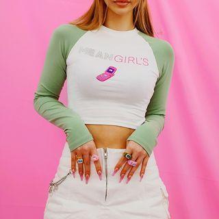 Contrast-raglan Illustrated Cropped T-shirt