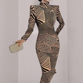 Long-sleeve Mock-neck Geometric Print Midi Bodycon Dress