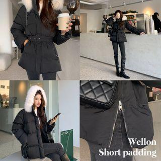 Faux-fur Zip-detail Padded Jacket With Belt