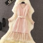 Set: Long-sleeve Midi A-line Lace Dress + V-neck Long Knit Vest